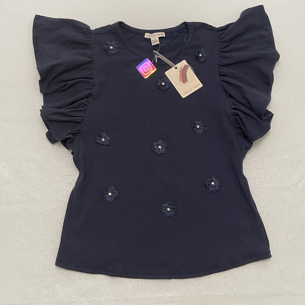 NWT Carolyn Taylor Women's Medium Navy Ruffle Sleeve Floral Applique Top